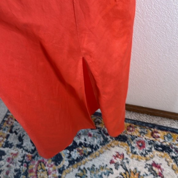 Loft Orange Puff Sleeve Linen Blend Maxi Dress Smocked Back Leg Slit Size 14 - Picture 4 of 11